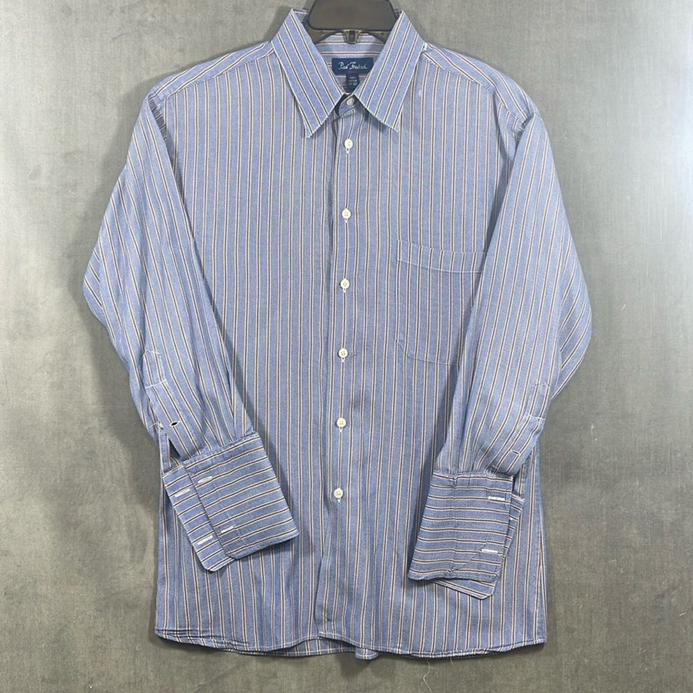 Paul Fredrick Men's 17-32 Blue Dress Shirt Trim Fit Stripe Button Down‎